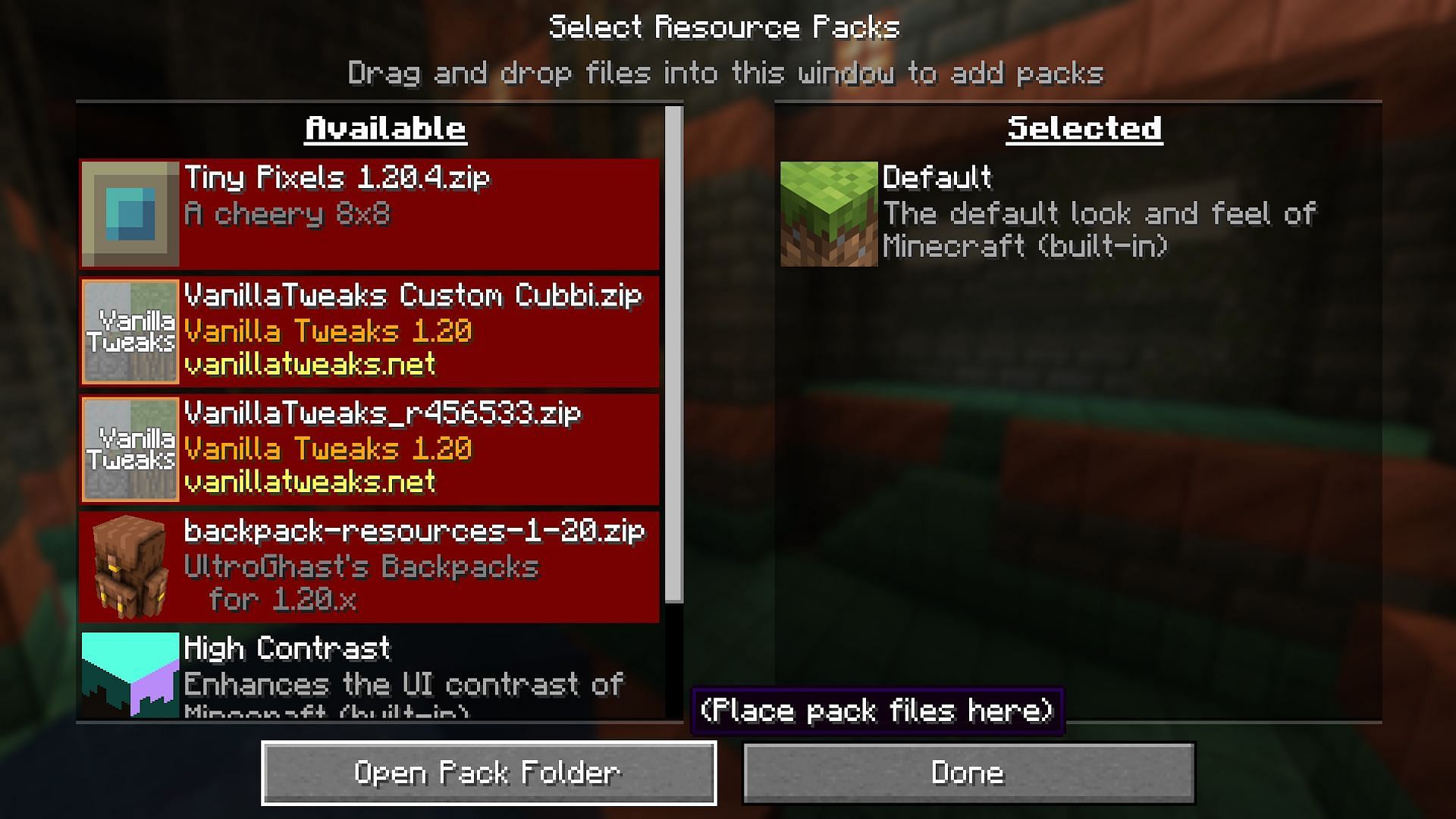The "Open Pack Folder" button location in the settings (Image via Mojang)